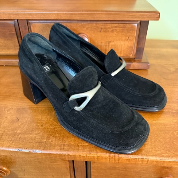 NEW Via Spiga Rambo Black Eru Calf Suede Loafers block heel size 9.5 slip on - Picture 4 of 13